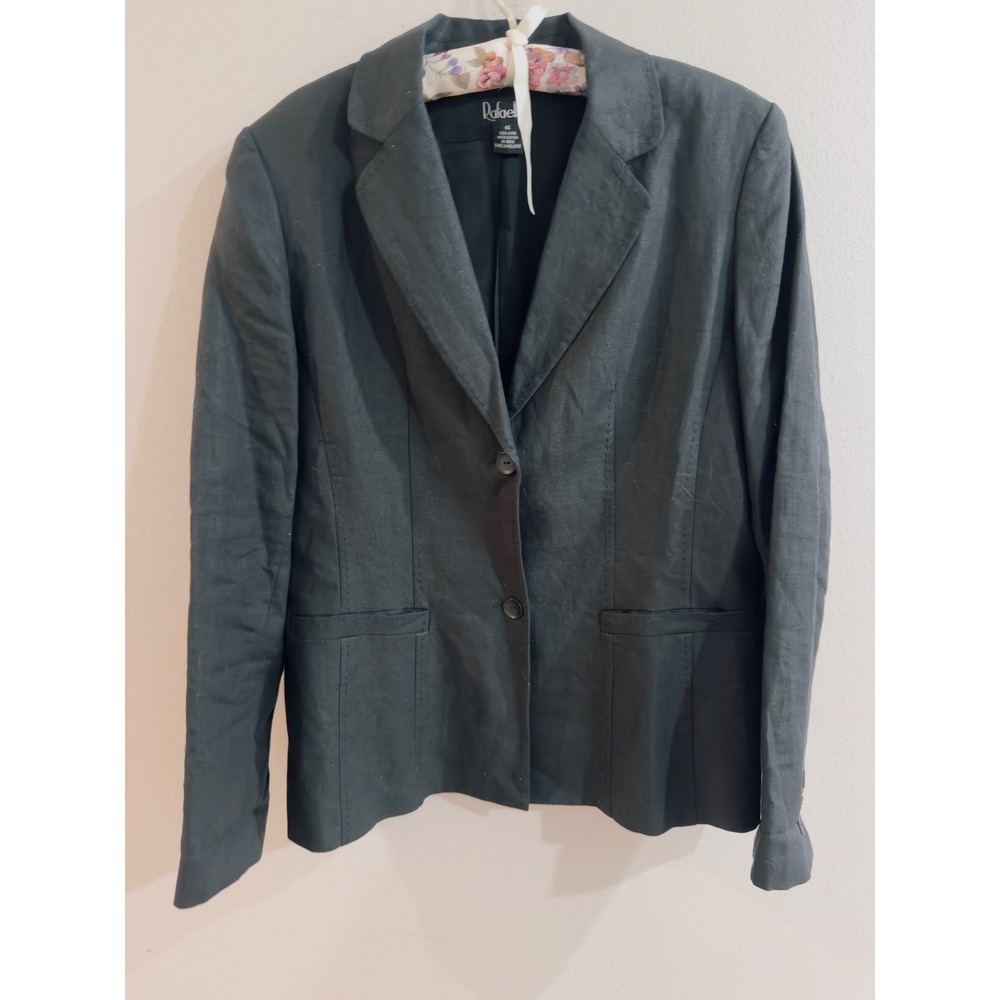 Rafaella Black 100% Linen Blazer Two Button Pick Stitch Jacket Womens Size 14